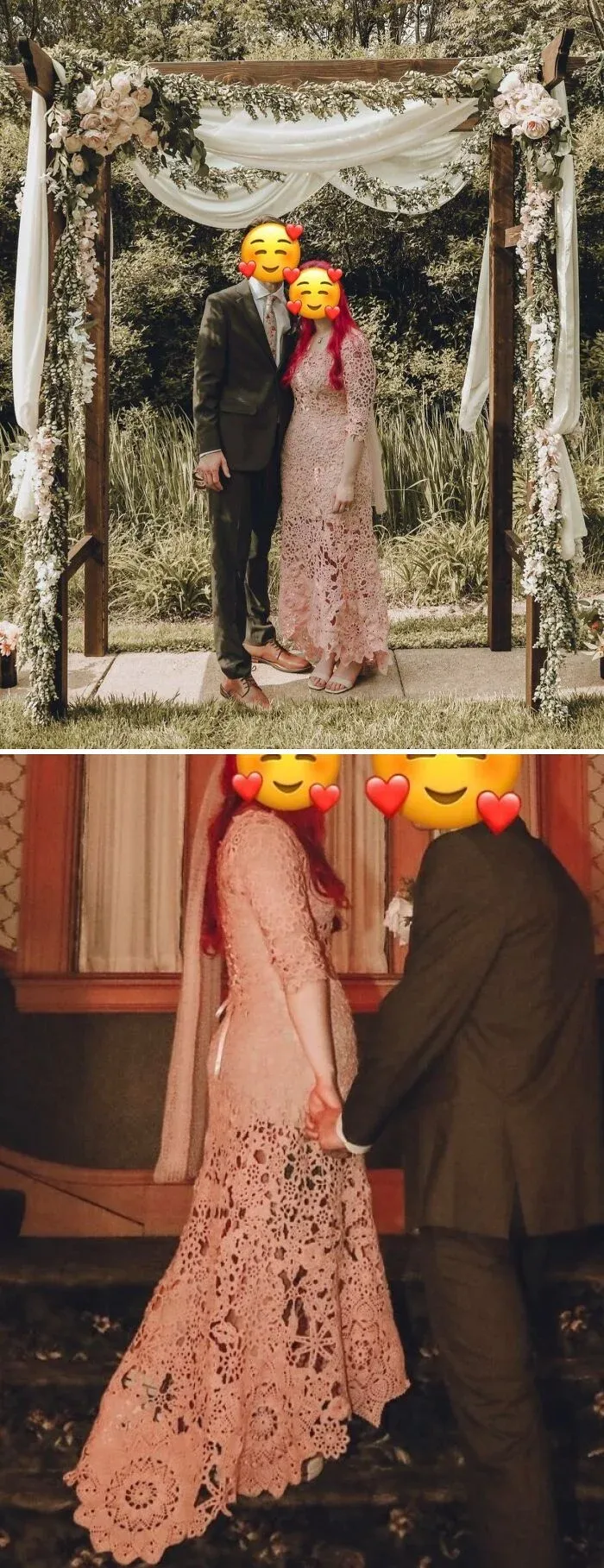 Newlywed couple showcases breathtaking handcrafted crochet wedding dress