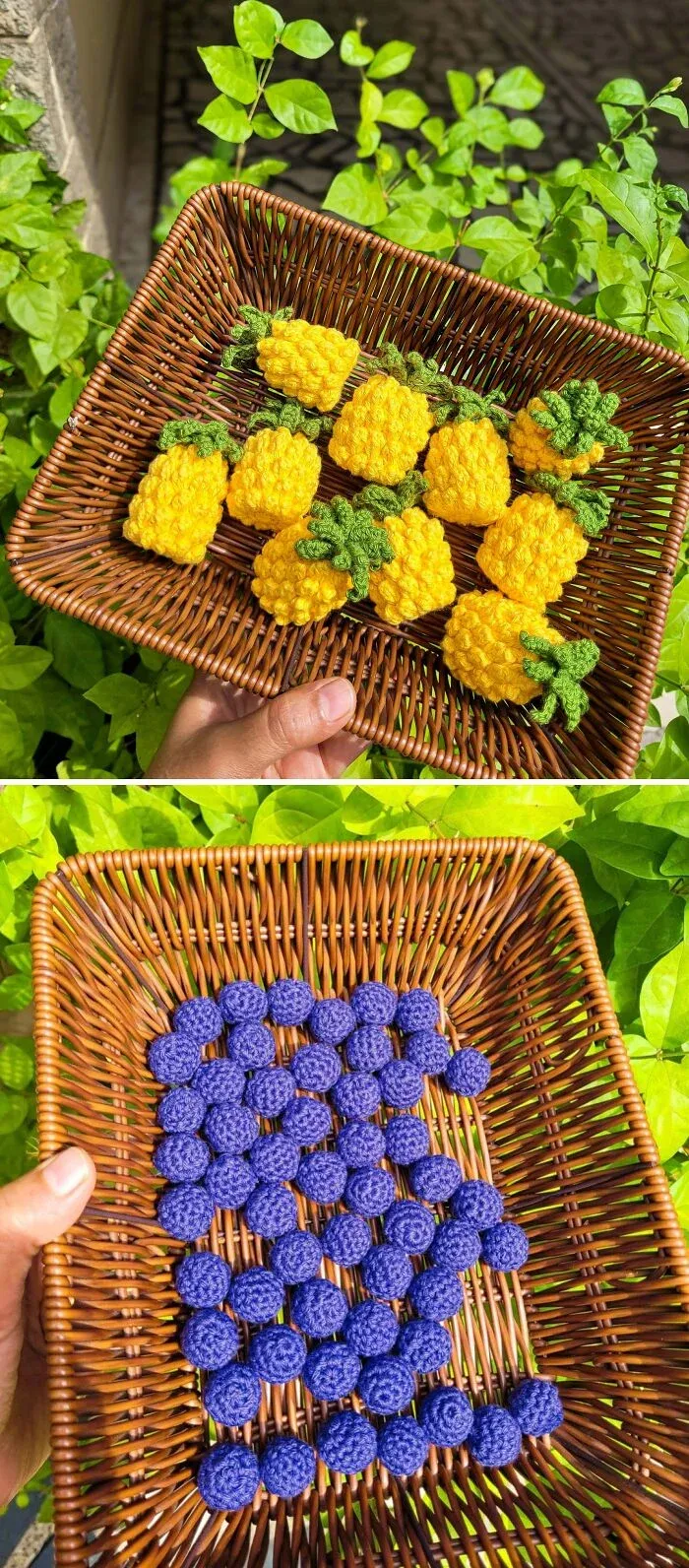 Basket overflows with charming miniature crocheted yellow pineapples