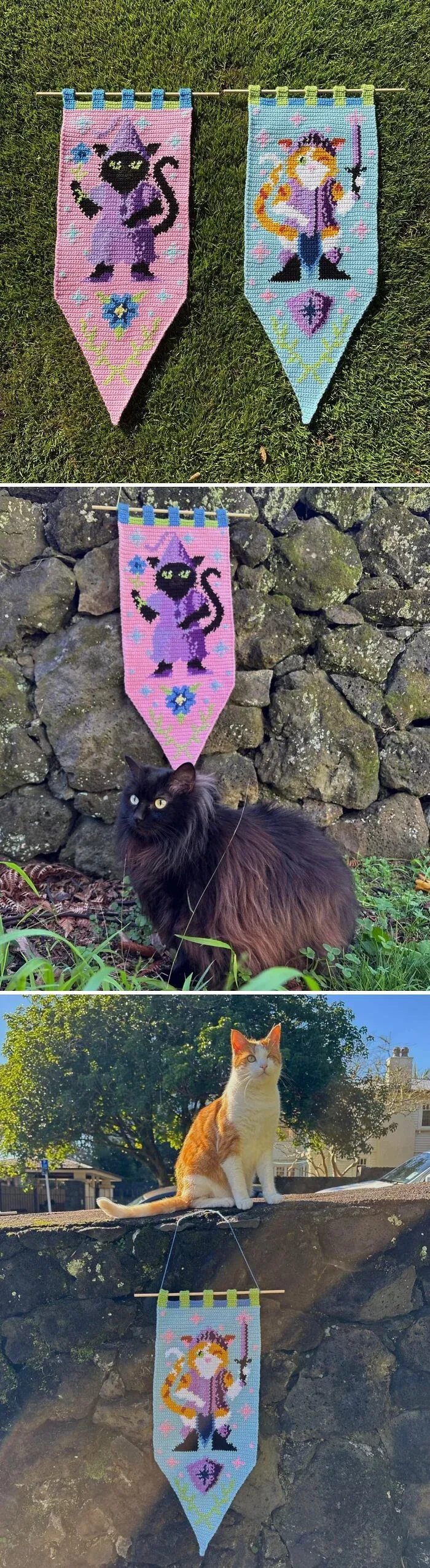Black cat poses beside intricate crocheted cat wizard banner