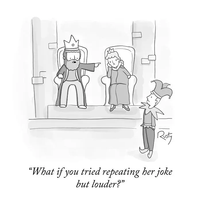 Single-frame illustration helping improve relationships through conscious humor and awareness