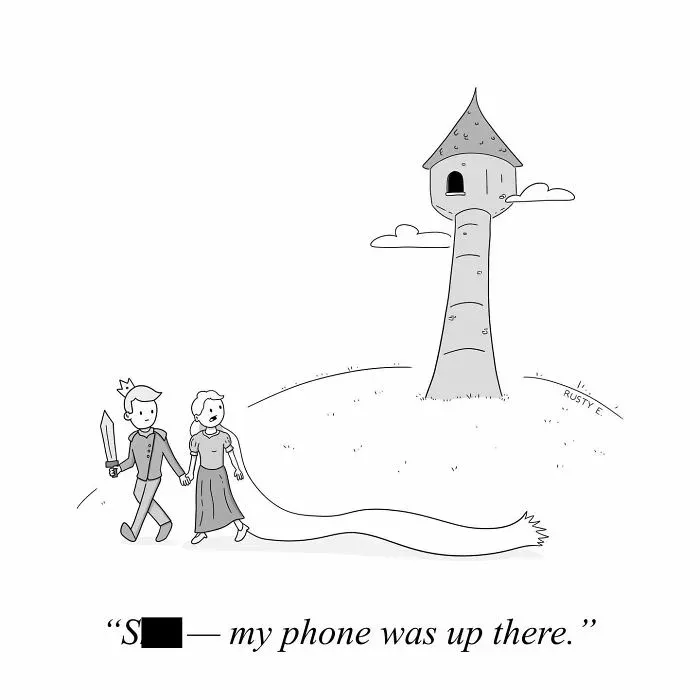 Single-panel cartoon experimenting with visual puns and unexpected dialogue