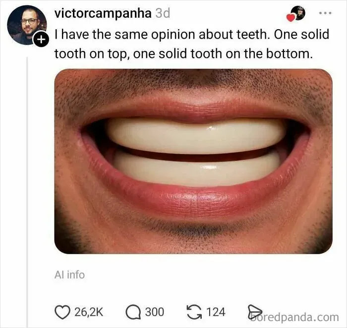 Dental meme showing solid block teeth instead of individual ones