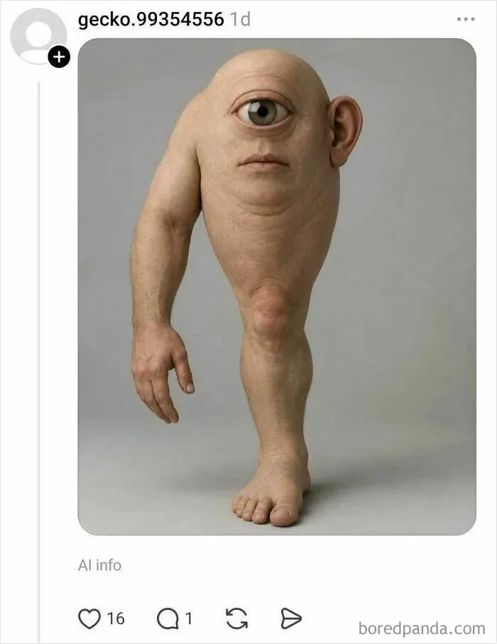 Surreal figure with single eye, arm, and leg illustration