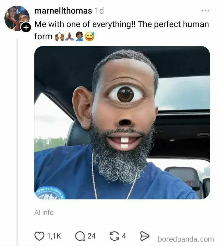 Man with distorted single nostril photo effect in car