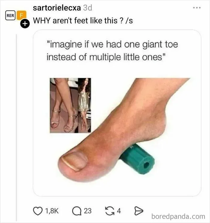 Foot meme showing one giant toe replacing multiple toes
