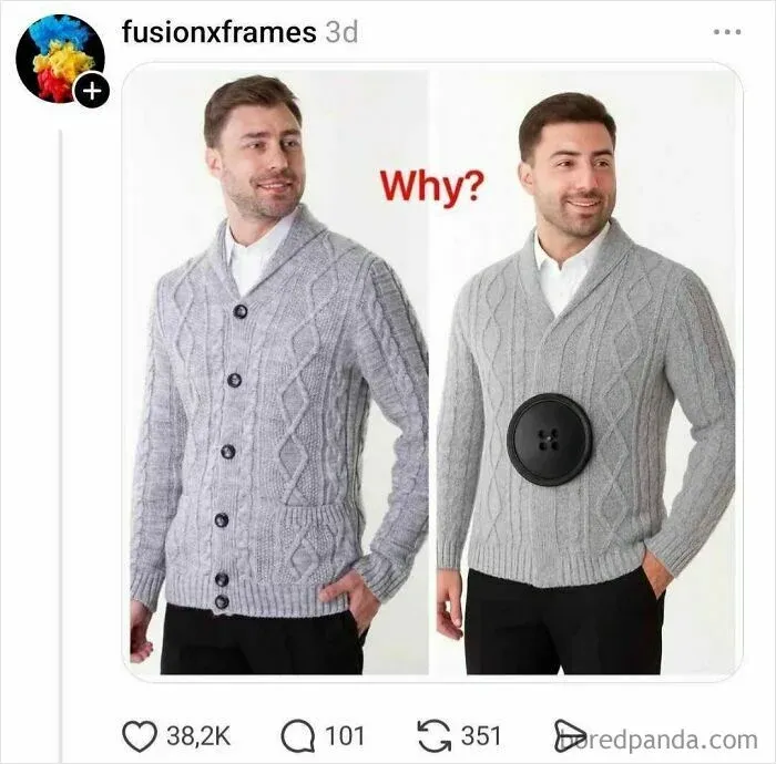 Cardigan comparison showing one large button versus many small buttons